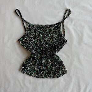Y2K Sequin Cami Black Green Iridescent Tank Top - Size XS